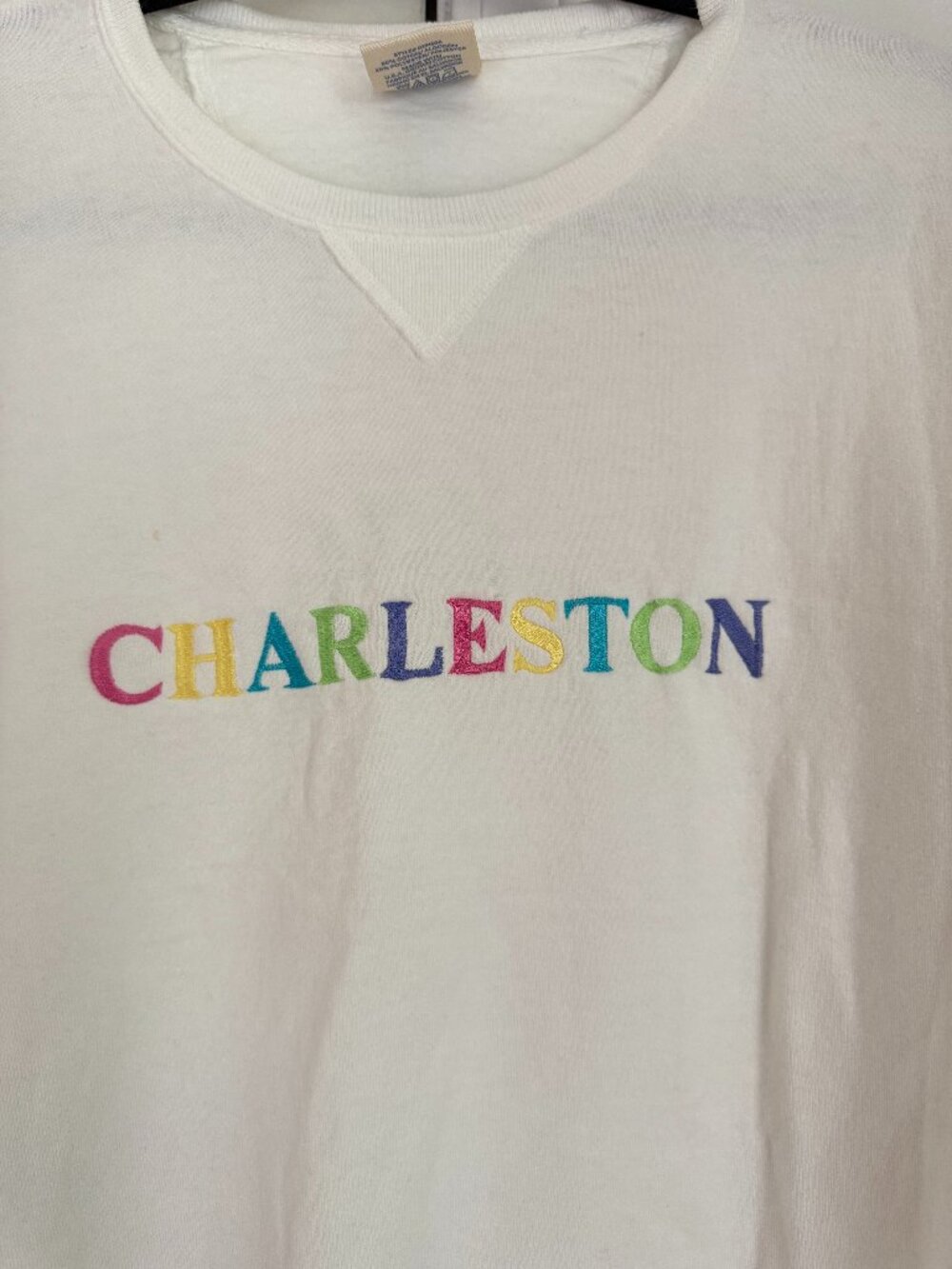 White Sweatshirt with Colorful Letters Charleston - Comfort Wash - Picture 2 of 3